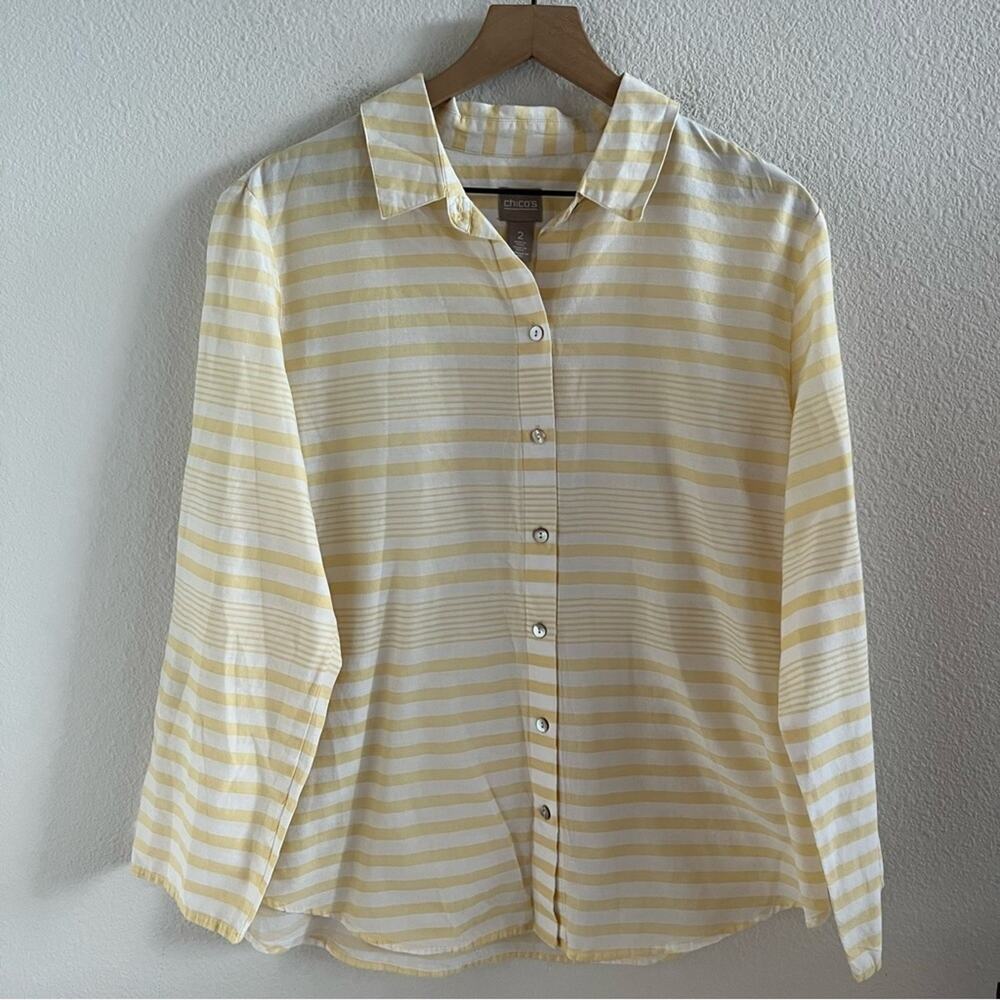 Chico's Yellow White Stripe Button Front Collar Shirt Large (Chico's 2)